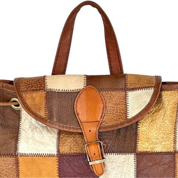 Vintage Brown Patchwork Leather Backpack With Top Handle Strap - Picture 11 of 14